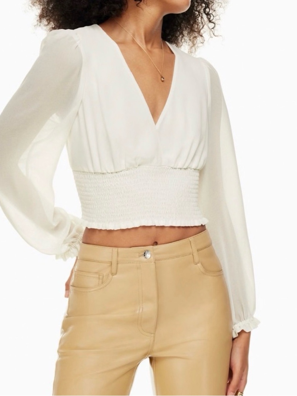 Wilfred White Smocked Waist V-Neck Crop Top